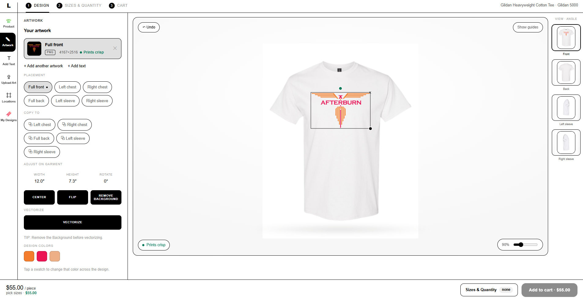 Larimar product configurator: artwork placement, sizing, and live pricing on a tee
